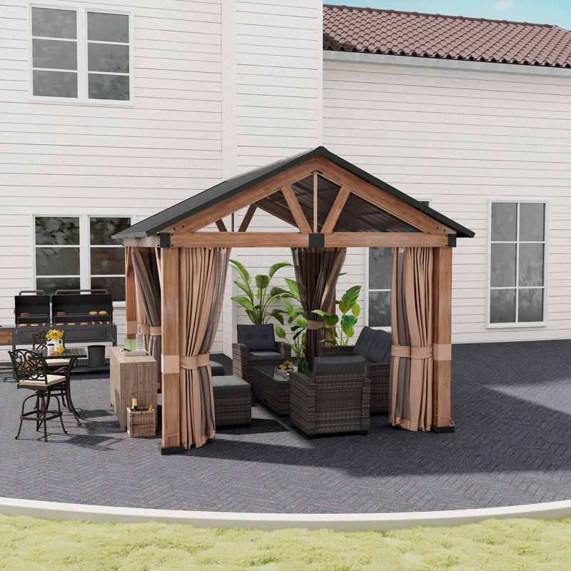 11' x 13' Brown Aluminum Patio Gazebo with Black Roof