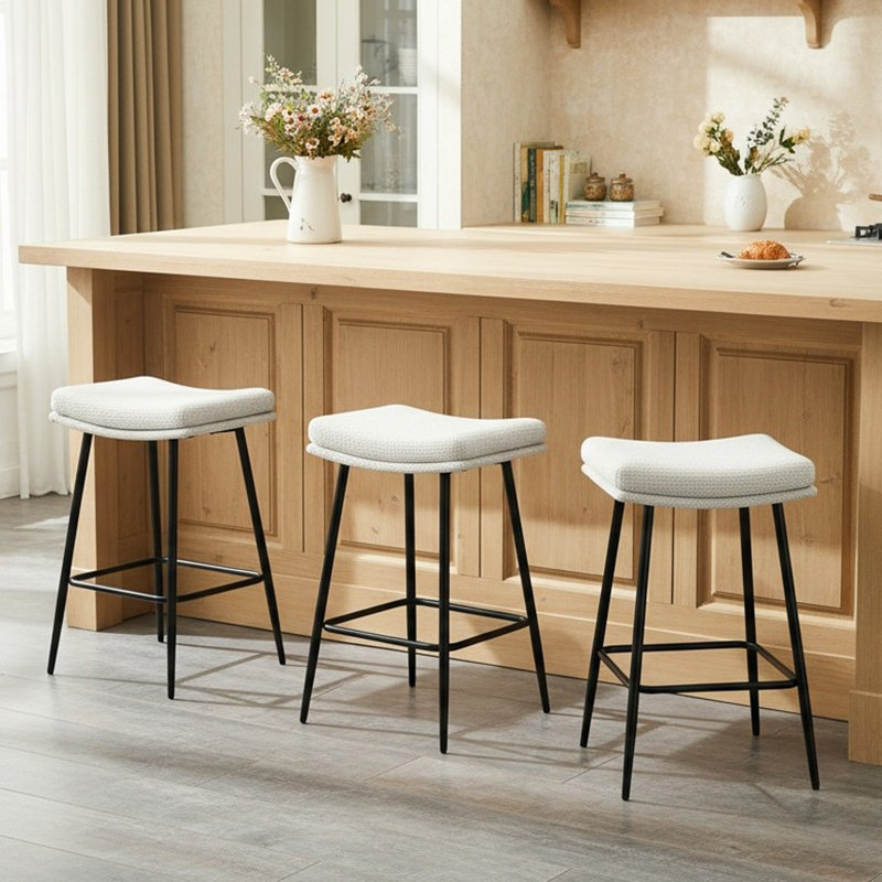 26" Upholstered Backless Saddle Bar Stool with Metal Frame, 3, Black