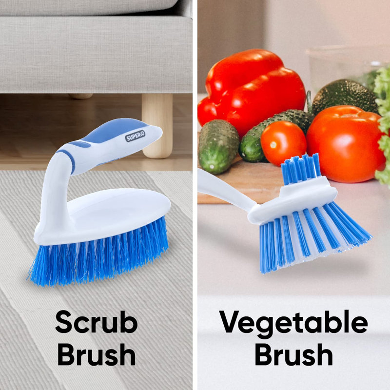 Ensemble de 2 brosses à récurer Superio pour nettoyage en profondeur - brosse à vaisselle double face et brosse à légumes et brosse tout usage - Laveuse polyvalente, résistante aux égratignures et polyvalente pour la maison, la cuisine et la salle de bain - Bleu