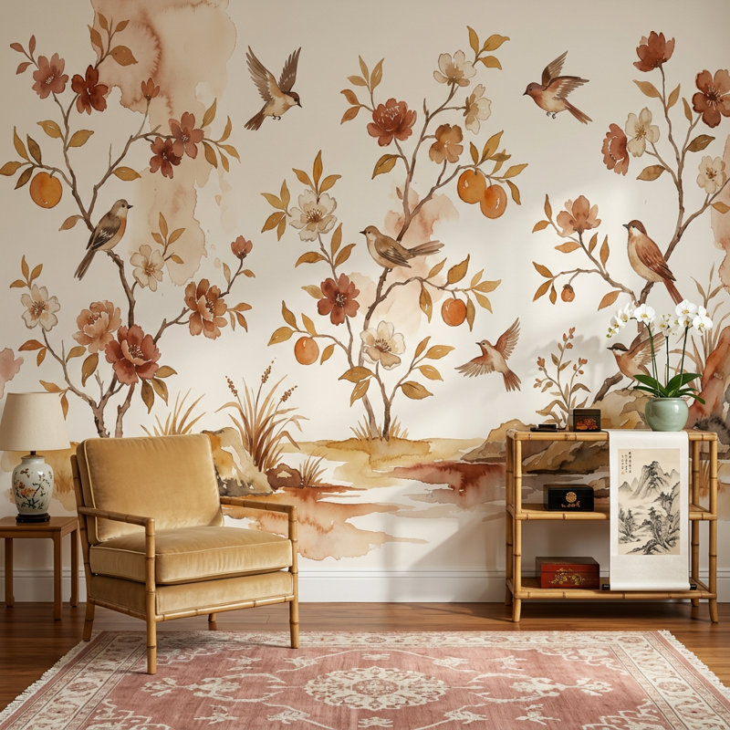 Papier peint aquarelle, branches florales, oiseaux, décoration murale amovible, Peler et coller, 200 po x 120 po