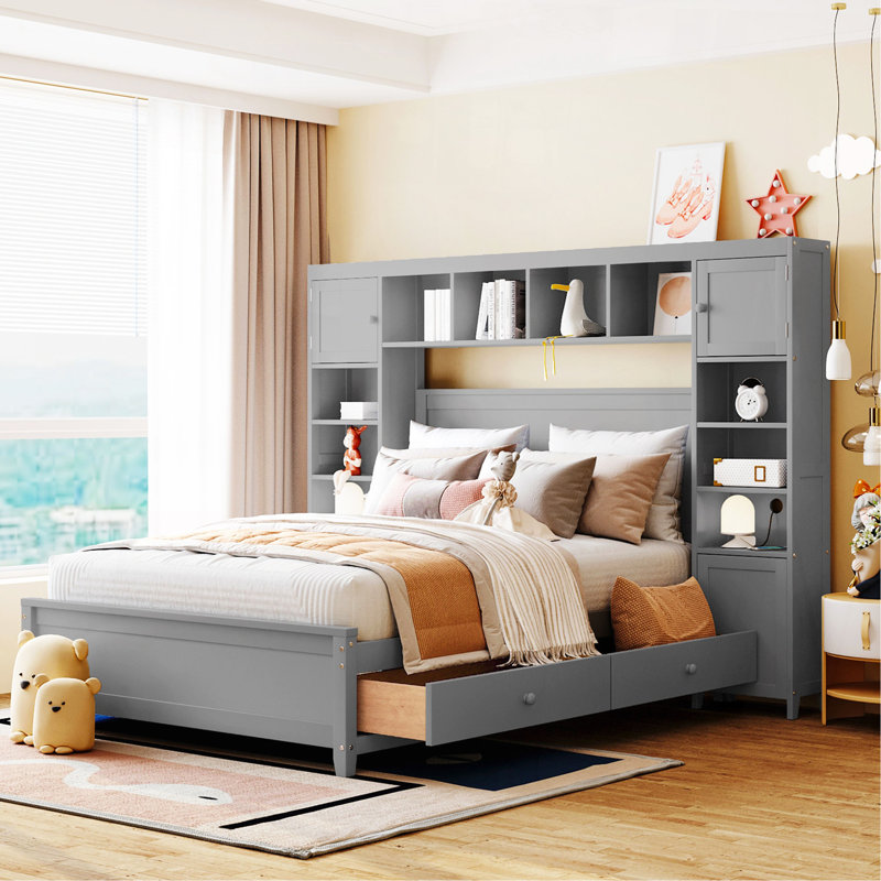 Lit double en bois avec armoire et tablette tout-en-un, gris, Gris