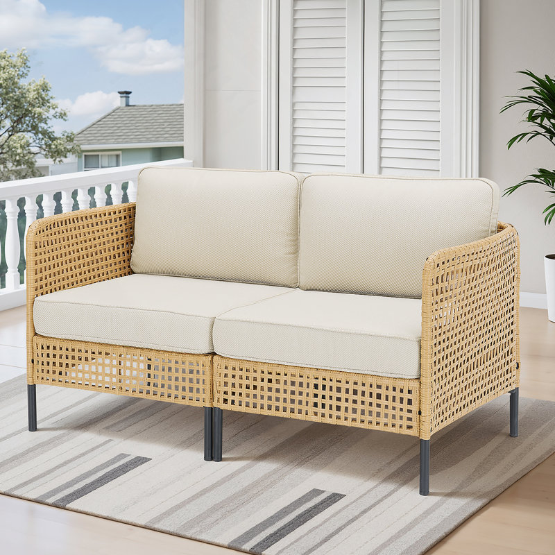Outdoor Natural Wicker Sofa Boho Patio Sectional Loveseat Furniture Set With Beige Cushions, Durable And Stylish For All-Weather Use