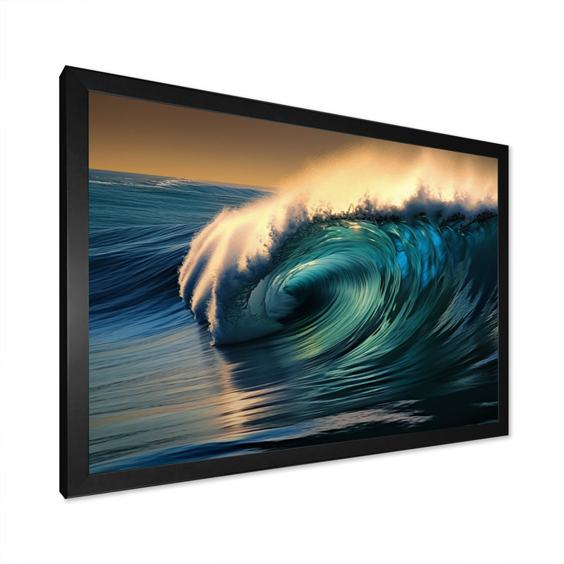 Coucher de soleil bleu sur la plage avec des vagues I - décor mural moderne paysage de plage, H 12 po x l 20 po x P 1 po