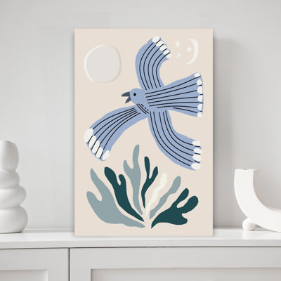 Blue Bird Night Flight Abstract Minimalist Modern Bird Nature Landscape Wall Art Print 1 Piece Wrapped Canvas Wall Art