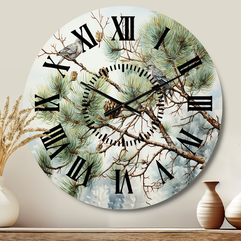 Horloge murale oiseau sur pin I, Médium