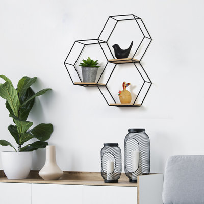 3 Piece Hexagon Metal Floating Shelf with Live Edge