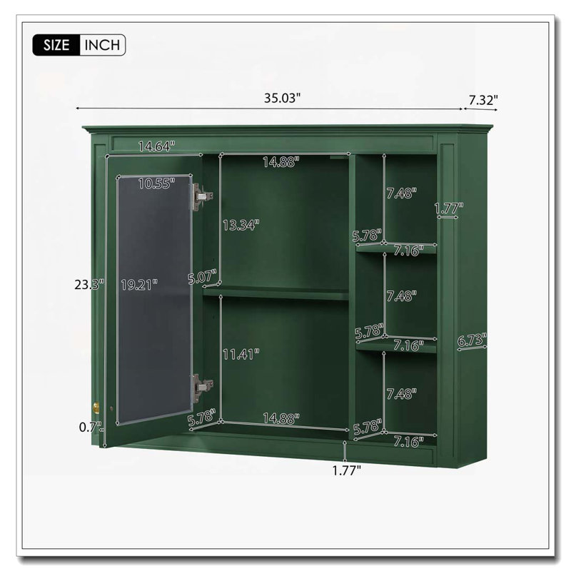 35" x 27.5" Wall Bathroom Cabinet with Mirror,Cabinet,6 Open Shelves, Green