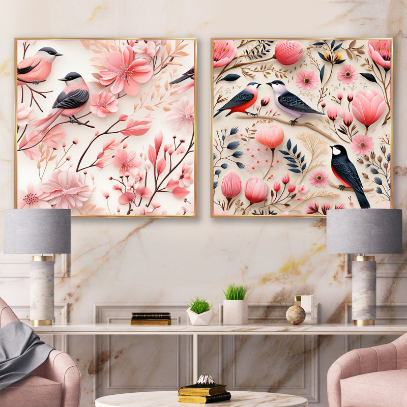 Ensemble de 2 collages carrés floraux roses et scandinaves, Cadre flottant doré, H 16 po x l 33 po