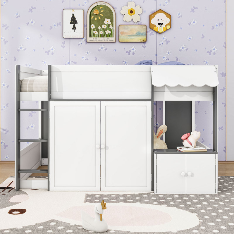 Lit mezzanine avec armoires de rangement, Blanc gris