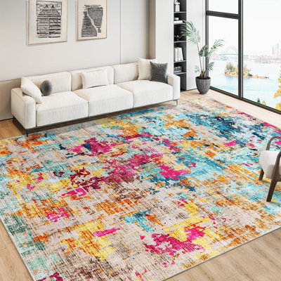 9X12 Area Rug For Living Room, Soft Abstract Washable Rug