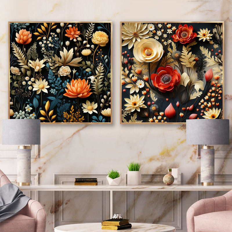 Naelle - Ensemble de 2 collages floraux carrés, Cadre flottant doré, H 30 po x l 61 po