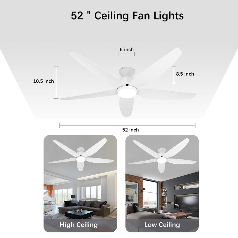 52 Inch Ceiling Fan With Light And Remote Control, 5 Fan Blades, Reversible Airflow, 6-speed Noiseless Direct Current Motor, White Ceiling Fan For Indoor Outdoor Bedroom/living Room/farmhouse