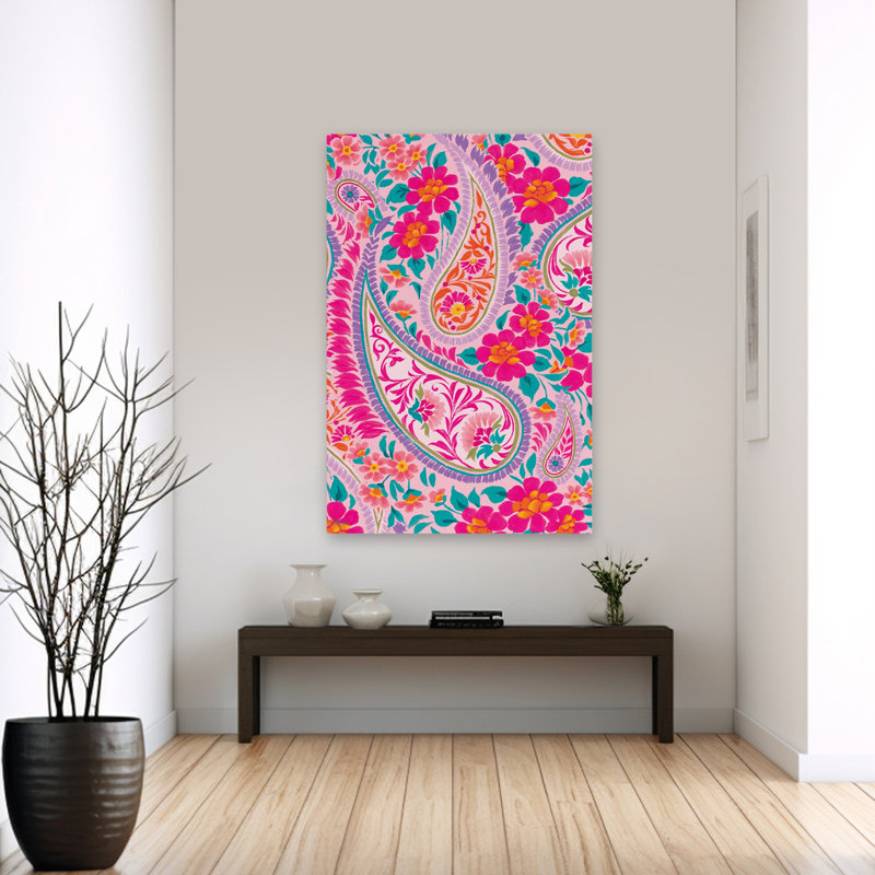Paisley vif - motif floral moderne à motif cachemire complexe de fleurs roses et oranges, H 60 po x l 40 po