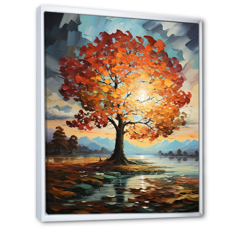 Orange, bleu sarcelle, érable majestueux, érable, art mural encadré, H 32 po x l 24 po x P 1 po, Cadre flottant blanc