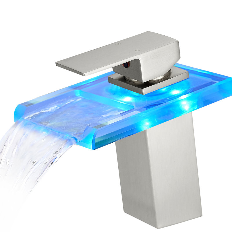 Robinet de lavabo de salle de bain à DEL, bec cascade, poignées à bouton, fixation sur le comptoir à un trou, eau froide et chaude, remplissage en céramique, robinet à DEL géométrique, un robinet, poignée, valve à cartouche, fonctionnement manuel,
