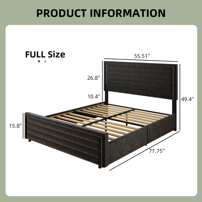 Bed Frame, Upholstered Platform Bed with Velvet Headboard and Footboard, Mattress Foundation with Wooden Slats, Black, Full