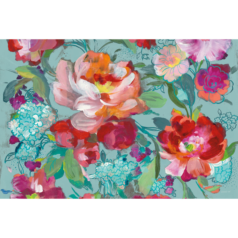 Bright Floral Medley Crop Turquoise by Danhui Nai - Wrapped Canvas Painting, 20cm H x 30cm W x 3.8cm D