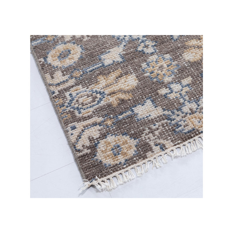 Tapis en laine noué à la main en brun / bleu, Tapis de couloir 2 pi 6 po x 12 pi