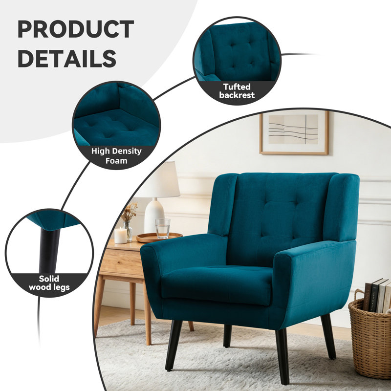 Bolanle 30" W Tufted Wide Back Accent Armchair, Teal Velvet