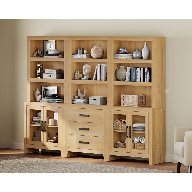 74" Tall  Bookshelf With Glass Doors And Drawers, Farmhouse Bookcase With Adjustable Shelves, Versatile Hutch Cabinet For Living Room, Home Office, Library, Brown