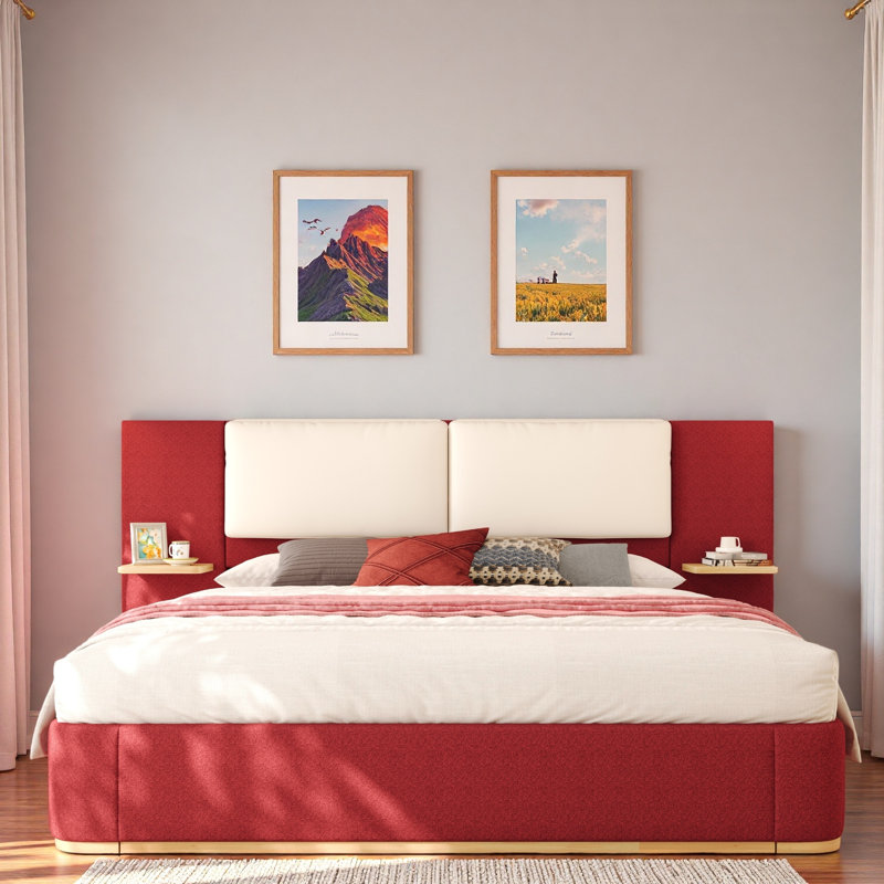 Lit plateforme tapissier avec tablettes, Très grand lit, Rouge / Beige