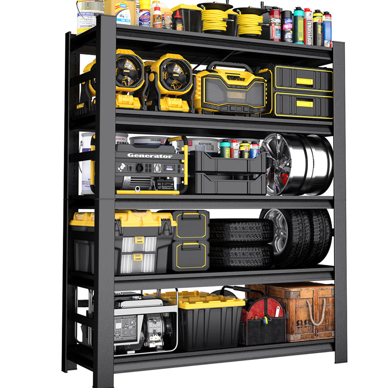 Support de rangement en métal noir de 87 po avec tablettes réglables pour les salles d'outils, l'espace de vie principal - Barrières de sécurité latérales, sous-sols multifonctionnels, tablettes, noir, installation simple, barrières de sécurité