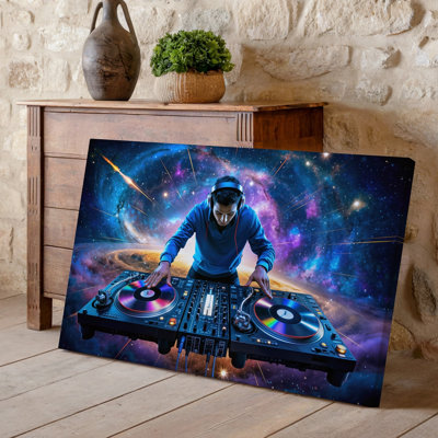 Canvas A Vibrant And Dynamic Scene Featuring A DJ Immersed In Wall Art A Cosmic Atmosphere Surrounded By Swirling Nebulae And Colorful Canvas Wall Art