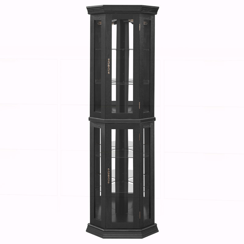 Vitrine peu encombrante avec 6 tablettes réglables, conception intégrée et inclinable, perles sphériques d'inspiration rétro au design intemporel noir, portes en verre à fermeture latérale, rangement personnalisable,