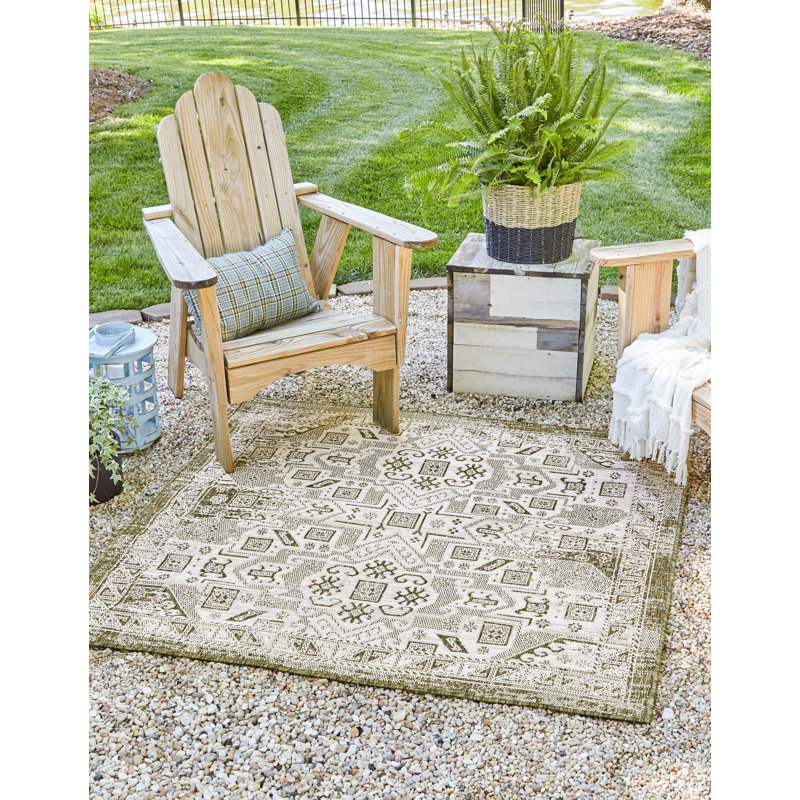 Outdoor Chand Area Rug Ivory-Green Color, Square 5'3"