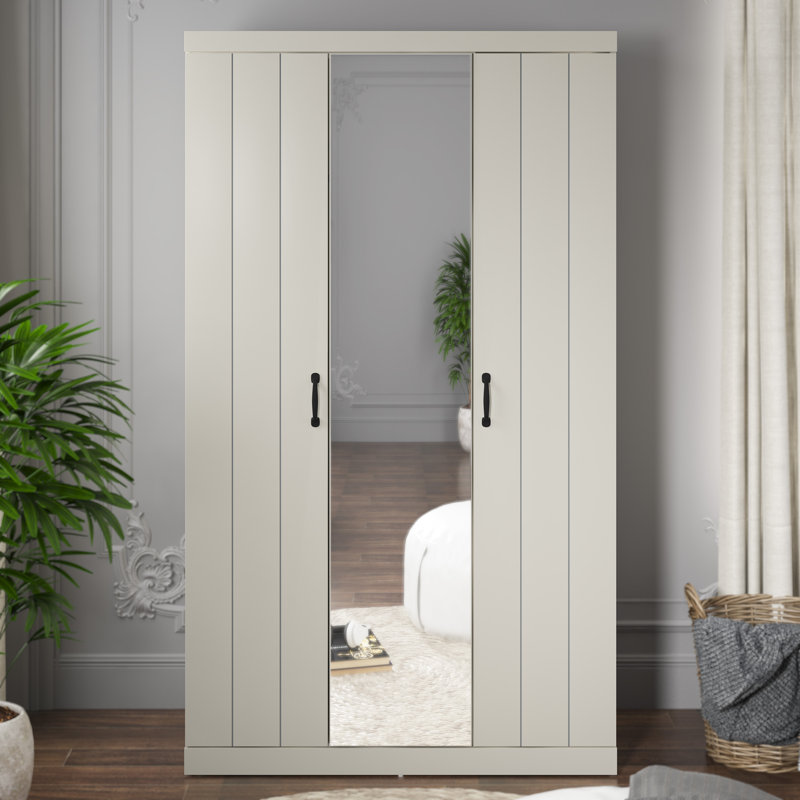Allington 3 Door Manufactured Wood Wardrobe With Mirror, Light Grey