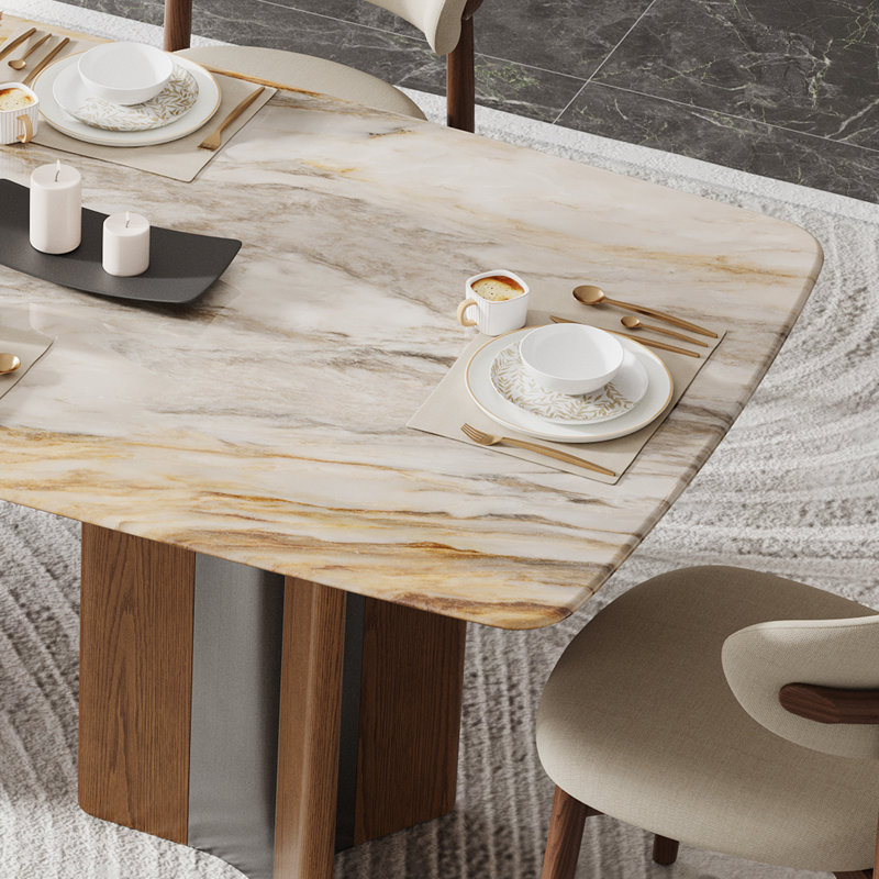 63" Luxury Stone-top Dining Table For 4-6 People, Rectangle Kitchen Table With Dual-material Wood & Stainless Steel Base