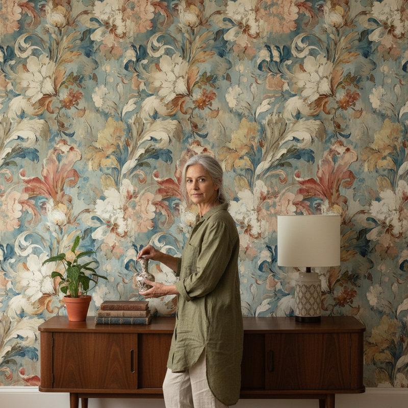 Papier peint floral, affiche murale bleue rétro