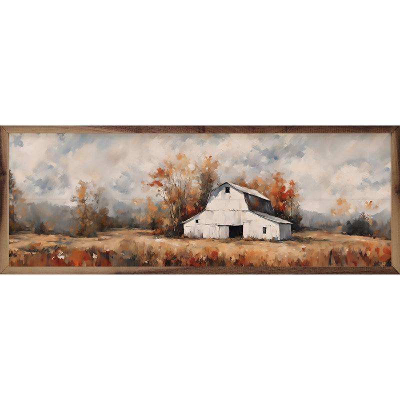White Barn in the Fall - Cadre photo unique, impression panoramique sur bois, H 12 po x l 36 po