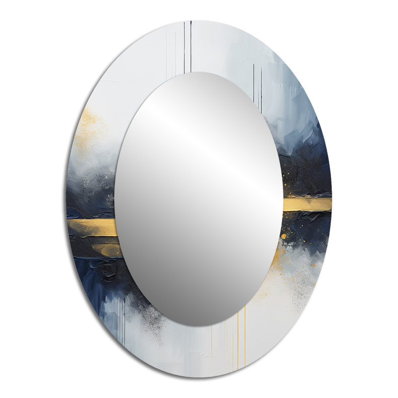 Blue And Yellow Marble Storm IV - Abstract Oval Decorative Mirror On Metal, 40" x 30"