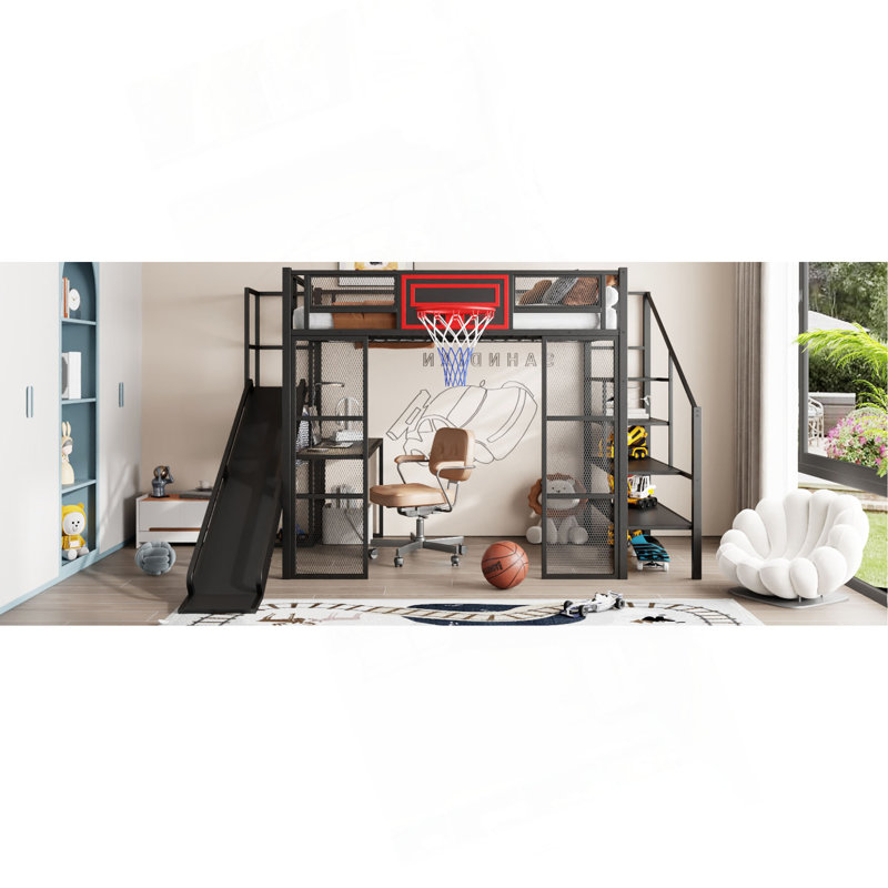 Lit mezzanine double en métal avec de multiples fonctionnalités pour optimiser l'espace, Noir