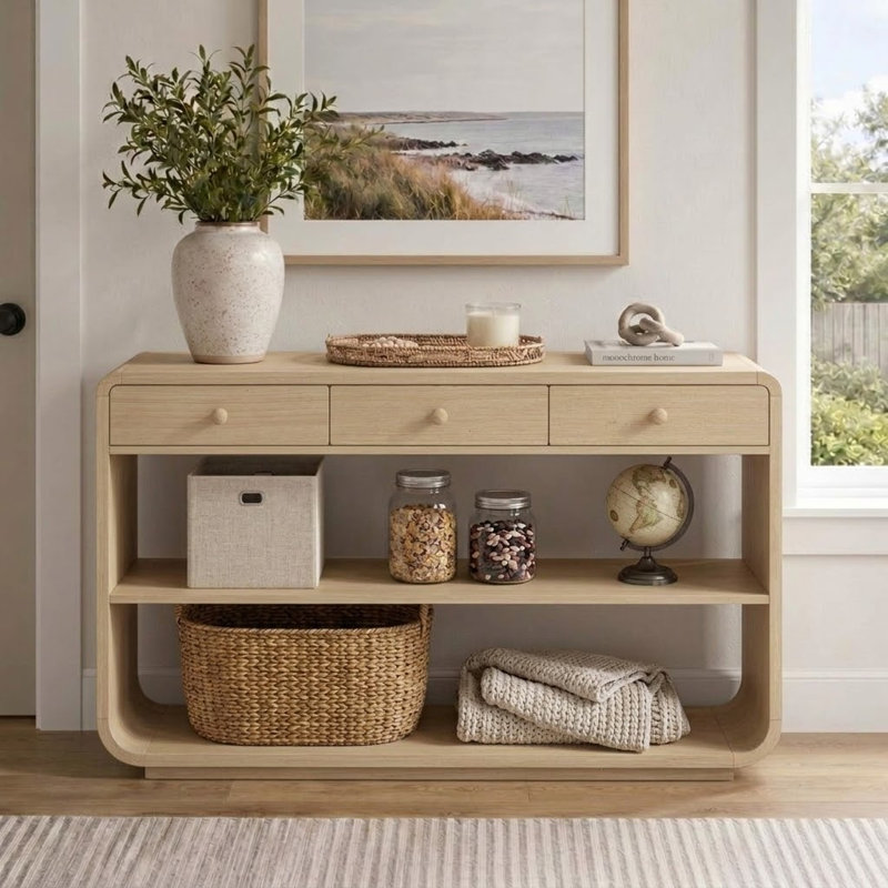 Console moderne à finition peinte avec 3 tiroirs à fermeture douce et 2 tablettes pour le couloir d'entrée, Bleu