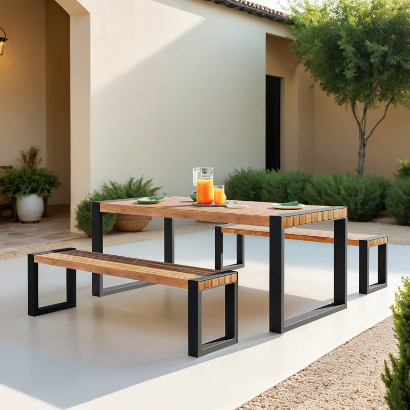 Ensemble de salle à manger d'extérieur 3 pièces avec 2 bancs