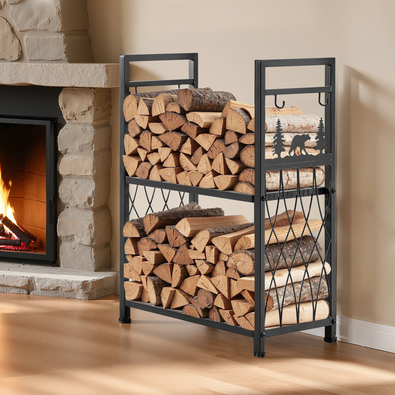 Support à bois à 2 niveaux avec outils pour foyer