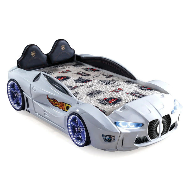 Lit de voiture de course simple GTM avec lumières DEL et effets sonores, Blanc