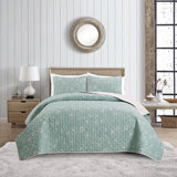 FLORAL QUILT SET Green Microfiber Reversible 3 Piece 