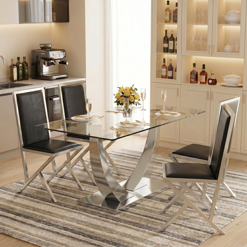 Modern 75" Rectangular Tempered Glass Dining Set, 5 Pieces: Table, 4 Chairs, Silver, Black/Silver