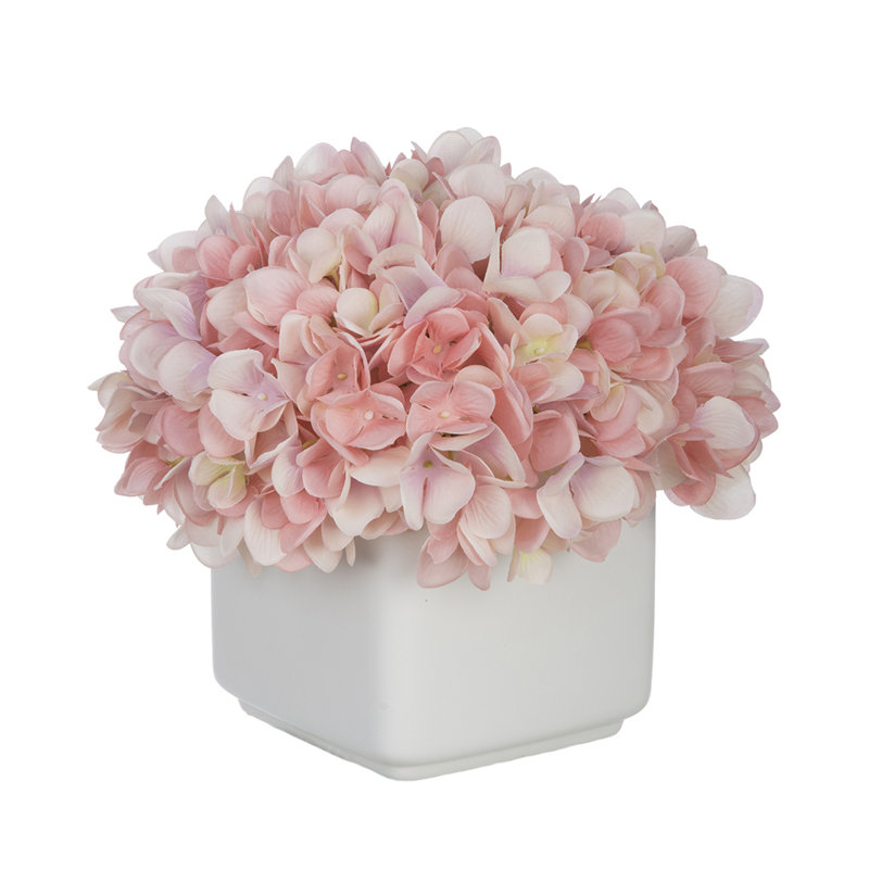 Hydrangea artificielle dans Small White Cube en céramique, Bébé rose