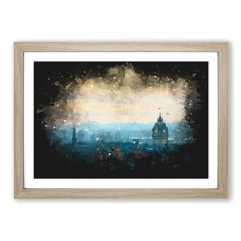 Edinburgh Skyline In Scotland Paint Splash - Picture Frame Graphic Art, 24cm H x 33cm W x 2cm D, Oak Framed