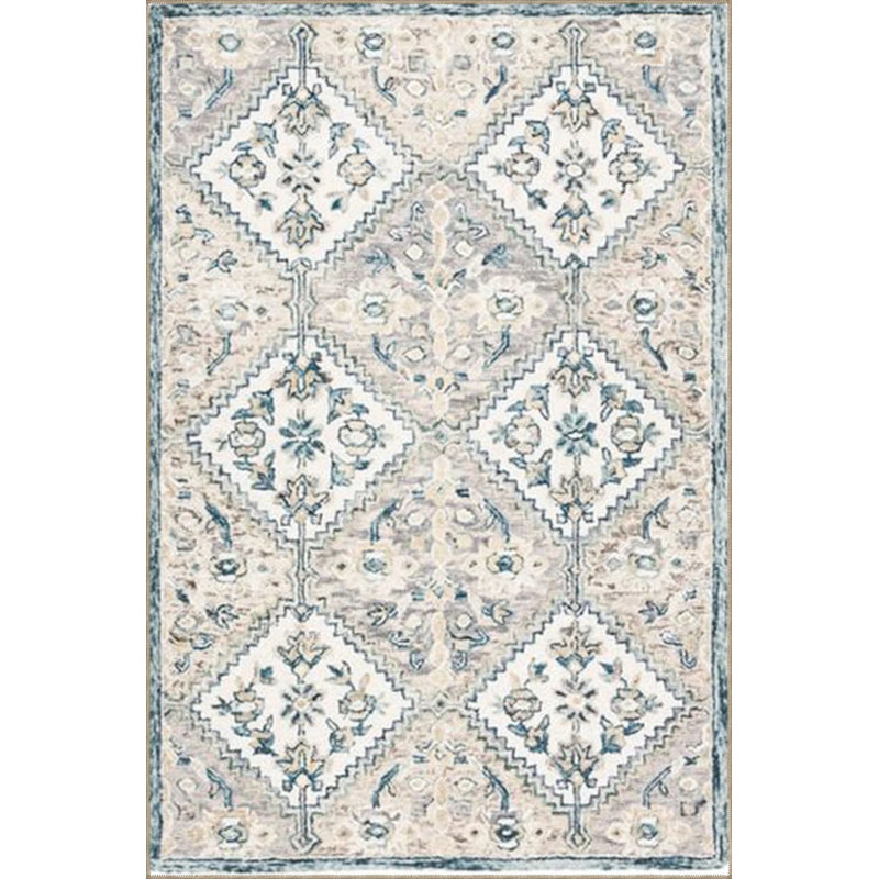 Cream Geometric Checkered Floral Woven Base Washable Carpet, Rectangle 3'4" x 5'