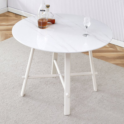 A Modern Minimalist Circular Dining Table With A 42 Inch Diameter Wooden Patterned Tabletop And White Metal Legs. Suitable For Restaurants, Living Rooms, And Conference Rooms.