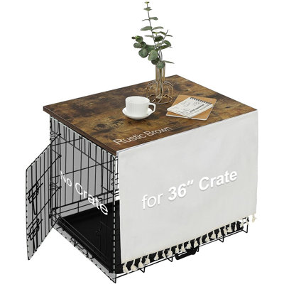 Rustic Tabletop Dog Kennel Topper With Tassel Curtain – Rustic Brown (Dog Crate Not Included)