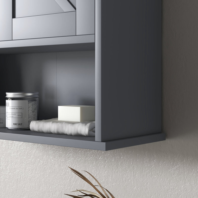 Armoire de salle de bain grise, fixée au mur avec tablettes réglables pour une organisation efficace, armoire ouverte grise et étagères intérieures