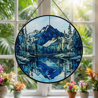 12"H Mountain Lake Stained Glass Window Panel