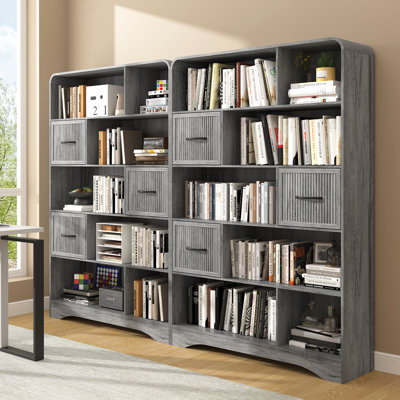 Bibliothèque de 178 cm de hauteur avec 3 bacs de rangement, bibliothèque à 5 niveaux avec étagères ouvertes, grise