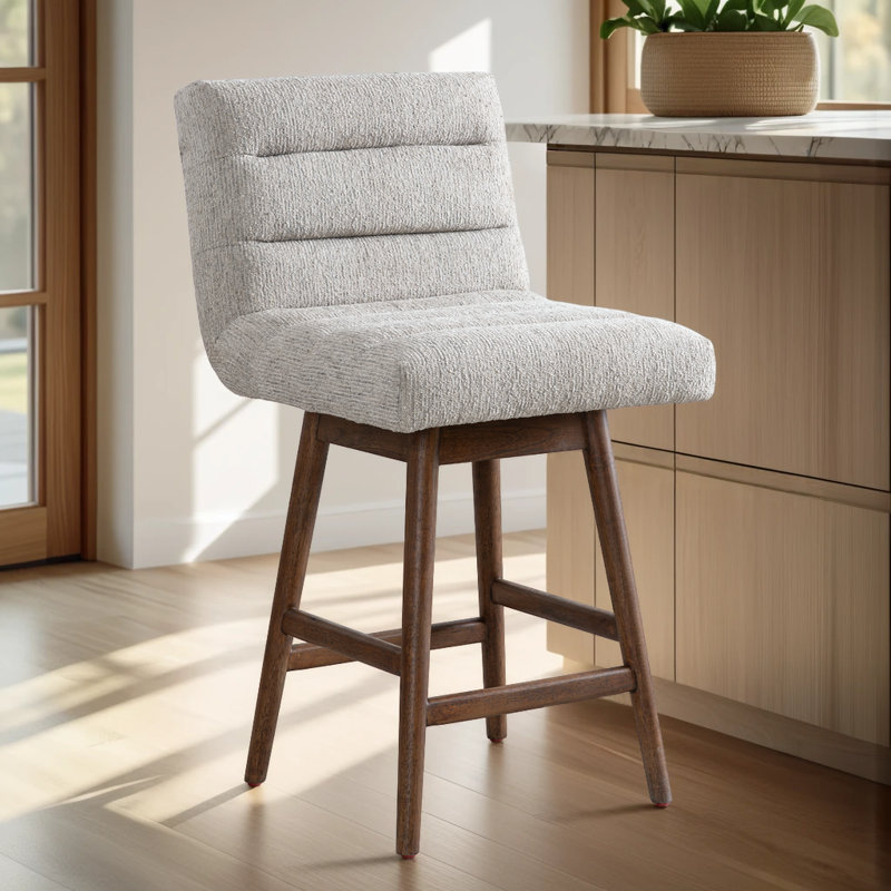 Waterhouse Solid Wood Upholstered Counter Height Or Bar Height Swivel Barstool With Fabric Seat, Brown Oak